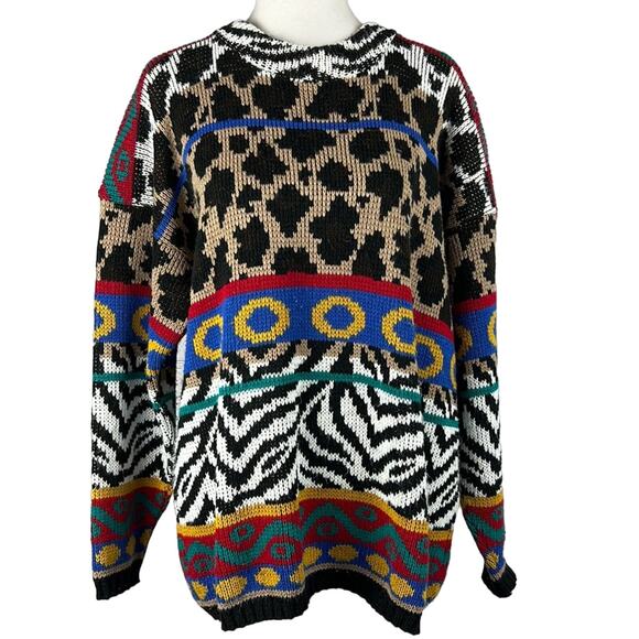 Vintage 80's Women's Sweater Abstract Tribal Animal Print M Art to Wear Fall - Picture 1 of 8